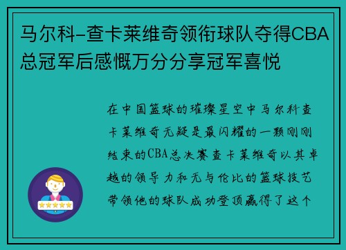 马尔科-查卡莱维奇领衔球队夺得CBA总冠军后感慨万分分享冠军喜悦