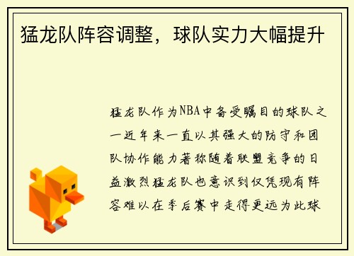 猛龙队阵容调整，球队实力大幅提升